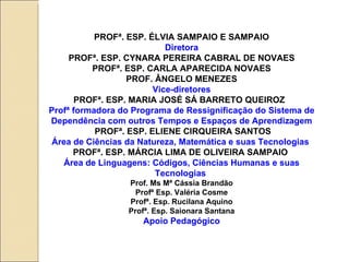 PROFª. ESP. ÉLVIA SAMPAIO E SAMPAIO Diretora PROFª. ESP. CYNARA PEREIRA CABRAL DE NOVAES PROFª. ESP. CARLA APARECIDA NOVAES PROF. ÂNGELO MENEZES Vice-diretores PROFª. ESP. MARIA JOSÉ SÁ BARRETO QUEIROZ  Profª formadora do Programa de Ressignificação do Sistema de Dependência com outros Tempos e Espaços de Aprendizagem PROFª. ESP. ELIENE CIRQUEIRA SANTOS Área de Ciências da Natureza, Matemática   e suas Tecnologias   PROFª. ESP. MÁRCIA LIMA DE OLIVEIRA SAMPAIO  Área de Linguagens: Códigos, Ciências Humanas e suas Tecnologias  Prof. Ms Mª Cássia Brandão Profª Esp. Valéria Cosme Profª. Esp. Rucilana Aquino Profª. Esp. Saionara Santana Apoio Pedagógico 
