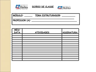MÓDULO : ______  TEMA ESTRUTURADOR : __________ ______________________________________________ PROFESSOR (A): __________________________________ DIÁRIO DE CLASSE   MÊS/ DATA ATIVIDADES ASSINATURA 