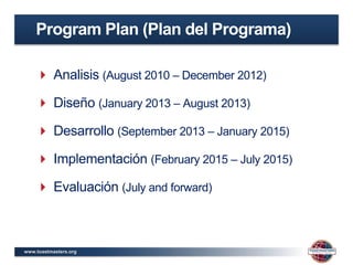 www.toastmasters.org
 Analisis (August 2010 – December 2012)
 Diseño (January 2013 – August 2013)
 Desarrollo (September 2013 – January 2015)
 Implementación (February 2015 – July 2015)
 Evaluación (July and forward)
Program Plan (Plan del Programa)
 