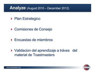 www.toastmasters.org
 Plan Estrategico
 Comisiones de Consejo
 Encuestas de miembros
 Validacion del aprendizaje a tráves del
material de Toastmasters
Analyze (August 2010 – December 2012)
 