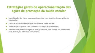 Estratégias gerais de operacionalização das
ações de promoção da saúde escolar
 Identificação dos riscos no ambiente escolar, com objetivo de corrigi-los ou
elimina-los
 Elaboração de um bom projeto de ações de saúde escolar;
 Trabalho participativo com a direção e o corpo de professores;
 Identificados potenciais agentes multiplicadores, que podem ser professores,
pais, alunos, ou liderança comunitária.
 