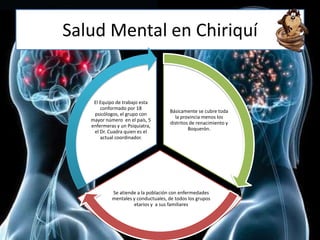Salud Mental en Chiriquí
Básicamente se cubre toda
la provincia menos los
distritos de renacimiento y
Boquerón.
Se atiende a la población con enfermedades
mentales y conductuales, de todos los grupos
etarios y a sus familiares
El Equipo de trabajo esta
conformado por 18
psicólogos, el grupo con
mayor número en el país, 5
enfermeras y un Psiquiatra,
el Dr. Cuadra quien es el
actual coordinador.
 