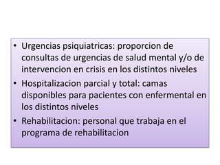 • Urgencias psiquiatricas: proporcion de
consultas de urgencias de salud mental y/o de
intervencion en crisis en los distintos niveles
• Hospitalizacion parcial y total: camas
disponibles para pacientes con enfermental en
los distintos niveles
• Rehabilitacion: personal que trabaja en el
programa de rehabilitacion
 