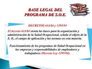 BASE LEGAL DEL
PROGRAMA DE S.O.E.
DECRETOS 614/84 y 1295/94

UII
YUUT

El decreto 614/84 sienta las bases para la organización y
administración de la Salud Ocupacional, señala el objeto de la
S. O., el campo de aplicación y las normas en esta materia.
Funcionamiento de los programas de Salud Ocupacional en
las empresas y responsabilidades de empleadores y
trabajadores (Decreto Ley 1295/94).

 