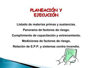 PLANEACIÓN Y
EJECUCIÓN
Listado de materias primas y sustancias.
Panorama de factores de riesgo.
Cumplimiento de capacitación y entrenamiento.
Mediciones de factores de riesgo.
Relación de E.P.P. y sistemas contra incendio.

 