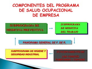 COMPONENTES DEL PROGRAMA
DE SALUD OCUPACIONAL
DE EMPRESA
SUBPROGRAMA DE
SUBPROGRAMA DE
MEDICINA PREVENTIVA
MEDICINA PREVENTIVA

SUBPROGRAMA
SUBPROGRAMA
DE MEDICINA
DE MEDICINA
DEL TRABAJO
DEL TRABAJO

PANORAMA GENERAL DE F. DE R.
PANORAMA GENERAL DE F. DE R.
SUBPROGRAMA DE HIGIENE Y
SUBPROGRAMA DE HIGIENE Y
SEGURIDAD INDUSTRIAL
SEGURIDAD INDUSTRIAL

FUNCIONAMIENTO DE
LOS COMITÉS
PARITARIOS – COPASOS

 