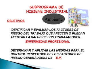 SUBPROGRAMA DE
HIGIENE INDUSTRIAL
OBJETIVOS

Ambiente

IDENTIFICAR Y EVALUAR LOS FACTORES DE
RIESGO DEL TRABAJO QUE AFECTEN O PUEDAN
AFECTAR LA SALUD DE LOS TRABAJADORES.
ENFERMEDAD PROFESIONAL
DETERMINAR Y APLICAR LAS MEDIDAS PARA EL
CONTROL RESPECTIVO DE LOS FACTORES DE
RIESGO GENERADORES DE E.P.

 