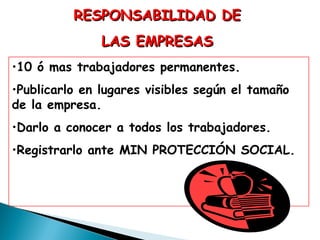 RESPONSABILIDAD DE
LAS EMPRESAS
•10 ó mas trabajadores permanentes.
•Publicarlo en lugares visibles según el tamaño
de la empresa.
•Darlo a conocer a todos los trabajadores.
•Registrarlo ante MIN PROTECCIÓN SOCIAL.

 