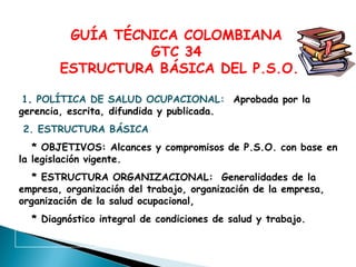 GUÍA TÉCNICA COLOMBIANA
GTC 34
ESTRUCTURA BÁSICA DEL P.S.O.
1. POLÍTICA DE SALUD OCUPACIONAL: Aprobada por la
gerencia, escrita, difundida y publicada.
2. ESTRUCTURA BÁSICA:
* OBJETIVOS: Alcances y compromisos de P.S.O. con base en
la legislación vigente.
* ESTRUCTURA ORGANIZACIONAL: Generalidades de la
empresa, organización del trabajo, organización de la empresa,
organización de la salud ocupacional,
* Diagnóstico integral de condiciones de salud y trabajo.

 