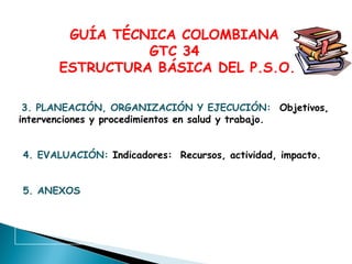 GUÍA TÉCNICA COLOMBIANA
GTC 34
ESTRUCTURA BÁSICA DEL P.S.O.
3. PLANEACIÓN, ORGANIZACIÓN Y EJECUCIÓN: Objetivos,
intervenciones y procedimientos en salud y trabajo.
4. EVALUACIÓN: Indicadores: Recursos, actividad, impacto.
5. ANEXOS

 