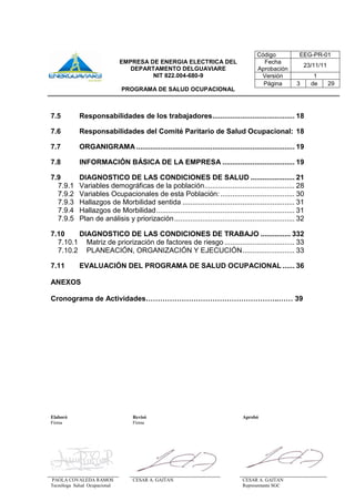 Elaboró Revisó Aprobó
Firma Firma
PAOLA COVALEDA RAMOS
Tecnóloga Salud Ocupacional
CESAR A. GAITAN CESAR A. GAITAN
Representante SGC
Código EEG-PR-01
EMPRESA DE ENERGIA ELECTRICA DEL
DEPARTAMENTO DELGUAVIARE
NIT 822.004-680-9
PROGRAMA DE SALUD OCUPACIONAL
Fecha
Aprobación
23/11/11
Versión 1
Página 3 de 29
7.5 Responsabilidades de los trabajadores......................................... 18
7.6 Responsabilidades del Comité Paritario de Salud Ocupacional: 18
7.7 ORGANIGRAMA ............................................................................... 19
7.8 INFORMACIÓN BÁSICA DE LA EMPRESA .................................... 19
7.9 DIAGNOSTICO DE LAS CONDICIONES DE SALUD ...................... 21
7.9.1 Variables demográficas de la población............................................. 28
7.9.2 Variables Ocupacionales de esta Población: ..................................... 30
7.9.3 Hallazgos de Morbilidad sentida ........................................................ 31
7.9.4 Hallazgos de Morbilidad..................................................................... 31
7.9.5 Plan de análisis y priorización............................................................ 32
7.10 DIAGNOSTICO DE LAS CONDICIONES DE TRABAJO ............... 332
7.10.1 Matriz de priorización de factores de riesgo ................................... 33
7.10.2 PLANEACIÓN, ORGANIZACIÓN Y EJECUCIÓN.......................... 33
7.11 EVALUACIÓN DEL PROGRAMA DE SALUD OCUPACIONAL ...... 36
ANEXOS
Cronograma de Actividades………………………………………………..…… 39
 