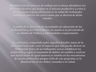 Identificación del proceso de trabajo acá se busca identificar los
diferentes factores que actúan en el proceso productivo y estos a
su ves causan alguna alteración en la salud del trabajador
también se aplican las correcciones que se deriven de dicho
estudio.
La estructura comprende todos aquellos detalles tanto de la
actividad realizada como el impacto que esta pueda derivar en
el bienestar físico de un trabajador acá se establecen los
protocolos a seguir al momento de definir un cambio o realizar
una notificación de igual manera se establecen los mecanismos
de acción pertinentes porque el fin de este programa es la
disminución de los daños causados a la salud.
A partir de la detección de necesidades de educación de las
trabajadoras y los trabajadores, en cuanto a la prevención de
accidentes de trabajo y enfermedades ocupacionales
 