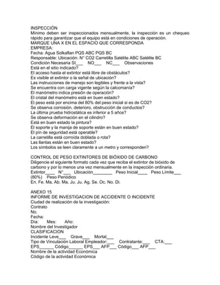 INSPECCIÓN
Mínimo deben ser inspeccionados mensualmente, la inspección es un chequeo
rápido para garantizar que el equipo está en condiciones de operación.
MARQUE UNA X EN EL ESPACIO QUE CORRESPONDA
EMPRESA:
Fecha: Agua Solkaflan PQS ABC PQS BC
Responsable: Ubicación: N° CO2 Carretilla Satélite ABC Satélite BC
Condición Necesaria SI___ NO___ NC___ Observaciones
Está en el sitio indicado?
El acceso hasta el extintor está libre de obstáculos?
Es visible el extintor o la señal de ubicación?
Las instrucciones de manejo son legibles y frente a la vista?
Se encuentra con carga vigente según la calcomanía?
El manómetro indica presión de operación?
El cristal del manómetro está en buen estado?
El peso está por encima del 80% del peso inicial si es de CO2?
Se observa corrosión, deterioro, obstrucción de conductos?
La última prueba hidrostática es inferior a 5 años?
Se observa deformación en el cilindro?
Está en buen estado la pintura?
El soporte y la manija de soporte están en buen estado?
El pín de seguridad está operable?
La carretilla está corroída doblada o rota?
Las llantas están en buen estado?
Los símbolos se leen claramente a un metro y corresponden?

CONTROL DE PESO EXTINTORES DE BIÓXIDO DE CARBONO
Diligencie el siguiente formato cada vez que reciba el extintor de bióxido de
carbono y por lo menos una vez mensualmente en la inspección ordinaria.
Extintor____ N°___ Ubicación________ Peso Inicial____ Peso Límite___
(80%) Peso Periódico
En. Fe. Ma. Ab. Ma. Ju. Ju. Ag. Se. Oc. No. Di.

ANEXO 15
INFORME DE INVESTIGACION DE ACCIDENTE O INCIDENTE
Ciudad de realización de la investigación:
Contrato
No.
Fecha:
Día:    Mes:      Año:
Nombre del Investigador
CLASIFICACION
Incidente Leve___ Grave___ Mortal___
Tipo de Vinculación Laboral Empleador:___ Contratante:___ CTA:___
EPS______ Código______ EPS___ AFP___ Código___ AFP___
Nombre de la actividad Económica
Código de la actividad Económica
 