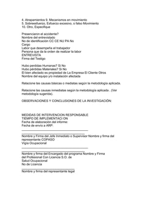 4. Atrapamientos 9. Mecanismos en movimiento
5. Sobreesfuerzo, Esfuerzo excesivo, o falso Movimiento
10. Otro, Especifique
DATOS DE LA ENTREVISTA A TESTIGOS (Iniciar con el Involucrado)
Presenciaron el accidente?
Nombre del entrevistado
No de identificación CC CE NU PA No
Cargo
Labor que desempeña el trabajador
Persona que da la orden de realizar la labor
ENTREVISTA
Firma del Testigo
PERDIDAS
Hubo perdidas Humanas? Si No
Hubo pérdidas Materiales? Si No
El bien afectado es propiedad de La Empresa El Cliente Otros
Nombre del equipo y/o instalación afectada

Relacione las causas básicas o mediatas según la metodología aplicada.
INMEDIATAS
Relacione las causas inmediatas según la metodología aplicada . (Ver
metodología sugerida).

OBSERVACIONES Y CONCLUSIONES DE LA INVESTIGACIÓN:

CROQUIS Y/O FOTOGRAFIAS
COMPROMISO DE ADOPCION DE MEDIDAS DE INTERVENCION
MEDIDAS DE INTERVENCION RESPONSABLE
TIEMPO DE IMPLEMENTACI ON
Fecha de elaboración del informe:
Fecha de envío a ARP:
_______________________________________
_____________________________________
Nombre y Firma del Jefe Inmediato o Supervisor Nombre y firma del
representante COPASO
Vigía Ocupacional
_______________________________________
_____________________________________
Nombre y firma del Encargado del programa Nombre y Firma
del Profesional Con Licencia S.O. de
Salud Ocupacional
No de Licencia
_______________________________
Nombre y firma del representante legal
 
