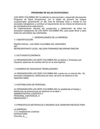 PROGRAMA DE SALUD OCUPACIONAL

LOG SERV COLOMBIA INC ha definido la estructuración y desarrollo del presente
Programa de Salud Ocupacional, con el objeto de prevenir los riesgos
ocupacionales, garantizando un alto nivel de bienestar físico y mental en sus
asociados trabajadores y contribuir al mejoramiento de los índices de eficiencia de
las actividades de la organizacion.
Su implementación requiere del compromiso y colaboración de todos los
asociados trabajadores de LOG SERV COLOMBIA INC, para poder llevar a cabo
todas las actividades aquí planteadas.

                  1. GENERALIDADES DE LA EMPRESA
1.1 IDENTIFICACIÓN

RAZÓN SOCIAL: LOG SERV COLOMBIA INC ASESORES
NIT :
REPRESENTANTE LEGAL: NELSON FERNANDO MEJORANO RINCON


1.2 ACTIVIDAD ECONÓMICA

La ORGANIZACIÓN LOG SERV COLOMBIA INC se dedica a: Empresas que
requieran asesorías de carácter técnico en el area logistica


1.3 NUMERO DE ASOCIADOS TRABAJADORES

LA ORGANIZACIÓN LOG SERV COLOMBIA INC cuenta con un total de (No. 10)
asociados trabajadores, distribuidos por sexo, tal como se observa en las
siguientes tablas:


1.4 DISTRIBUCIÓN DE PERSONAL

LA ORGANIZACIÓN LOG SERV COLOMBIA INC ha establecido el trabajo y
distribución de personal que se observan en la tabla 1.
ADMINISTRATIVA LOGISTICA 3
PERSONAL ASISTENCIAL 5
MENSAJERO 1


1.5 PRINCIPALES MATERIALES E INSUMOS QUE GENERAN RIESGOS PARA

LA EMPRESA:
1.5.1 Instalaciones Locativas
ESTRUCTURA
Concreto_X___
 
