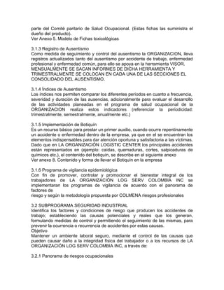 parte del Comité paritario de Salud Ocupacional. (Estas fichas las suministra el
dueño del producto).
Ver Anexo 5. Modelo de Fichas toxicológicas

3.1.3 Registro de Ausentismo
Como medida de seguimiento y control del ausentismo la ORGANIZACION, lleva
registros actualizados tanto del ausentismo por accidente de trabajo, enfermedad
profesional y enfermedad común, para ello se apoya en la herramienta VISOR.
MENSUALMENTE SE SACAN INFORMES DE DICHA HERRAMIENTA Y
TRIMESTRALMENTE SE COLOCAN EN CADA UNA DE LAS SECCIONES EL
CONSOLIDADO DEL AUSENTISMO.

3.1.4 Índices de Ausentismo
Los índices nos permiten comparar los diferentes períodos en cuanto a frecuencia,
severidad y duración de las ausencias, adicionalmente para evaluar el desarrollo
de las actividades planeadas en el programa de salud ocupacional de la
ORGANIZACION realiza estos indicadores (referenciar la periodicidad:
trimestralmente, semestralmente, anualmente etc.)

3.1.5 Implementación de Botiquín
Es un recurso básico para prestar un primer auxilio, cuando ocurre repentinamente
un accidente o enfermedad dentro de la empresa, ya que en el se encuentran los
elementos indispensables para dar atención oportuna y satisfactoria a las víctimas.
Dado que en LA ORGANIZACIÓN LOGISTIC CENTER los principales accidentes
están representados en (ejemplo: caídas, quemaduras, cortes, salpicaduras de
químicos etc.), el contenido del botiquín, se describe en el siguiente anexo
Ver anexo 8. Contenido y forma de llevar el Botiquín en la empresa

3.1.6 Programa de vigilancia epidemiológica
Con fin de promover, controlar y promocionar el bienestar integral de los
trabajadores de LA ORGANIZACIÓN LOG SERV COLOMBIA INC se
implementaran los programas de vigilancia de acuerdo con el panorama de
factores de
riesgo y según la metodología propuesta por COLMENA riesgos profesionales

3.2 SUBPROGRAMA SEGURIDAD INDUSTRIAL
Identifica los factores y condiciones de riesgo que producen los accidentes de
trabajo; estableciendo las causas potenciales y reales que los generan,
formulando medidas de control y permitiendo el seguimiento de las mismas, para
prevenir la ocurrencia o recurrencia de accidentes por estas causas.
Objetivo
Mantener un ambiente laboral seguro, mediante el control de las causas que
pueden causar daño a la integridad física del trabajador o a los recursos de LA
ORGANIZACIÓN LOG SERV COLOMBIA INC, a través de:

3.2.1 Panorama de riesgos ocupacionales
 