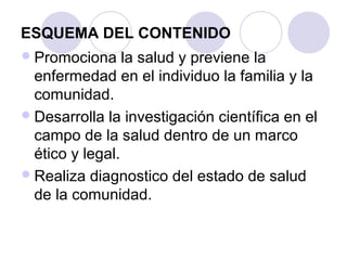 ESQUEMA DEL CONTENIDO
 Promociona     la salud y previene la
  enfermedad en el individuo la familia y la
  comunidad.
 Desarrolla la investigación científica en el
  campo de la salud dentro de un marco
  ético y legal.
 Realiza diagnostico del estado de salud
  de la comunidad.
 
