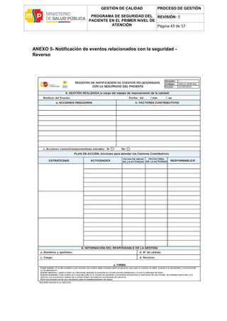 GESTIÓN DE CALIDAD
PROGRAMA DE SEGURIDAD DEL
PACIENTE EN EL PRIMER NIVEL DE
ATENCIÓN
PROCESO DE GESTIÓN
REVISIÓN: 0
Página 43 de 57
ANEXO 5- Notificación de eventos relacionados con la seguridad -
Reverso
 