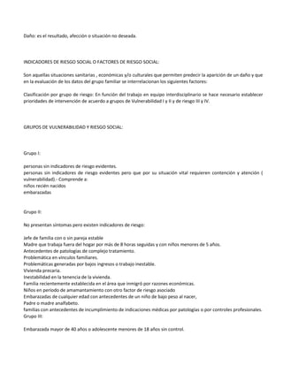 Daño: es el resultado, afección o situación no deseada.




INDICADORES DE RIESGO SOCIAL O FACTORES DE RIESGO SOCIAL:

Son aquellas situaciones sanitarias , económicas y/o culturales que permiten predecir la aparición de un daño y que
en la evaluación de los datos del grupo familiar se interrelacionan los siguientes factores:

Clasificación por grupo de riesgo: En función del trabajo en equipo interdisciplinario se hace necesario establecer
prioridades de intervención de acuerdo a grupos de Vulnerabilidad I y II y de riesgo III y IV.




GRUPOS DE VULNERABILIDAD Y RIESGO SOCIAL:




Grupo I:

personas sin indicadores de riesgo evidentes.
personas sin indicadores de riesgo evidentes pero que por su situación vital requieren contención y atención (
vulnerabilidad).- Comprende a:
niños recién nacidos
embarazadas


Grupo II:

No presentan síntomas pero existen indicadores de riesgo:

Jefe de familia con o sin pareja estable
Madre que trabaja fuera del hogar por más de 8 horas seguidas y con niños menores de 5 años.
Antecedentes de patologías de complejo tratamiento.
Problemática en vínculos familiares.
Problemáticas generadas por bajos ingresos o trabajo inestable.
Vivienda precaria.
Inestabilidad en la tenencia de la vivienda.
Familia recientemente establecida en el área que inmigró por razones económicas.
Niños en período de amamantamiento con otro factor de riesgo asociado
Embarazadas de cualquier edad con antecedentes de un niño de bajo peso al nacer,
Padre o madre analfabeto.
familias con antecedentes de incumplimiento de indicaciones médicas por patologías o por controles profesionales.
Grupo III:

Embarazada mayor de 40 años o adolescente menores de 18 años sin control.
 