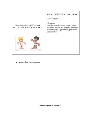 TEMA: “CONOCIENDO MI CUERPO”

                                     CONTENIDOS :

                                     -El cuerpo
  PROGRAMA DE EDUCACION              -Diferencias físicas entre niños y niñas
SEXUAL PARA NIÑOS Y PADRES           -Cuidados básicos del cuerpo y la higiene-
                                     el cuerpo como algo especial, prevención
                                     y autocuidado




  •   Video, data y computador.




                             Láminas para la sesión 3
 
