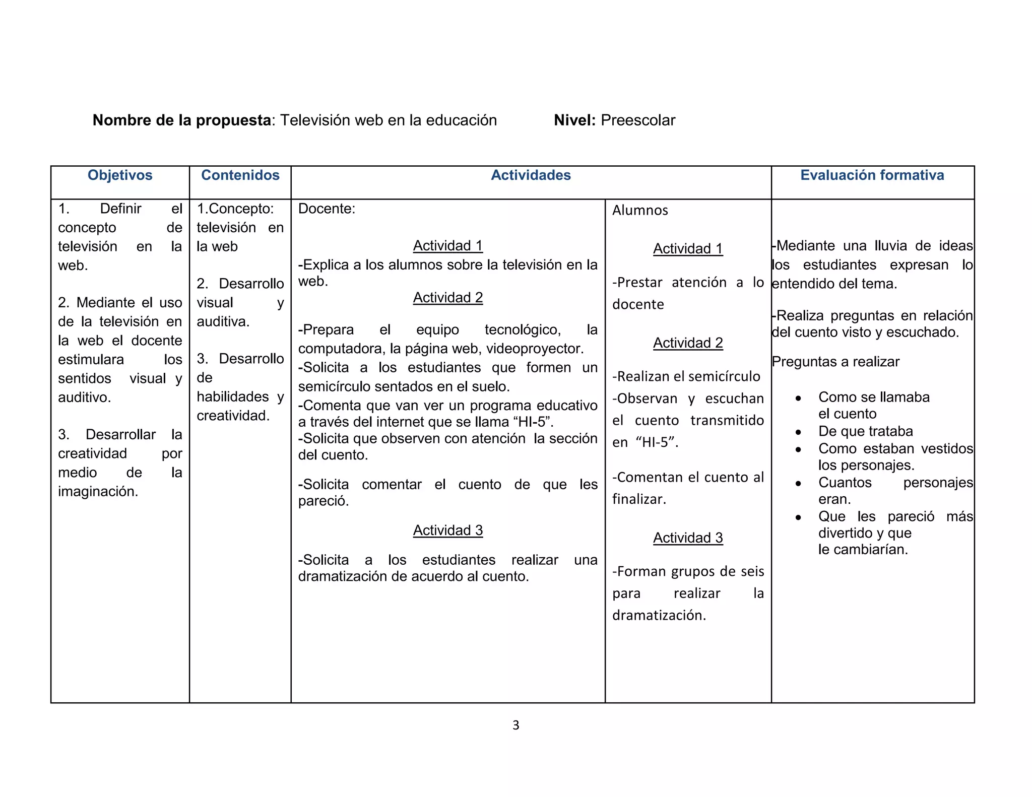 Nombre de la propuesta: Televisión web en la educación                   Nivel: Preescolar


    Objetivos         Contenidos                                    Actividades                                      Evaluación formativa

1.      Definir    el 1.Concepto:      Docente:                                        Alumnos
concepto          de televisión en
televisión en la la web                                   Actividad 1                          Actividad 1       -Mediante una lluvia de ideas
web.                                   -Explica a los alumnos sobre la televisión en la                          los estudiantes expresan lo
                      2. Desarrollo    web.                                             -Prestar atención a lo entendido del tema.
2. Mediante el uso visual          y                      Actividad 2                   docente
de la televisión en auditiva.                                                                                    -Realiza preguntas en relación
                                       -Prepara      el    equipo     tecnológico,   la                          del cuento visto y escuchado.
la web el docente                                                                              Actividad 2
                                       computadora, la página web, videoproyector.
estimulara       los 3. Desarrollo                                                                               Preguntas a realizar
                                       -Solicita a los estudiantes que formen un
sentidos visual y de                                                                    -Realizan el semicírculo
                                       semicírculo sentados en el suelo.
                      habilidades y
                                       -Comenta que van ver un programa educativo -Observan y escuchan
auditivo.                                                                                                               Como se llamaba
                      creatividad.                                                      el cuento transmitido           el cuento
                                       a través del internet que se llama “HI-5”.
3. Desarrollar la                                                                                                       De que trataba
                                       -Solicita que observen con atención la sección en “HI-5”.
creatividad     por                    del cuento.                                                                      Como estaban vestidos
                                                                                                                        los personajes.
medio       de     la
imaginación.                           -Solicita comentar el cuento de que les -Comentan el cuento al                   Cuantos       personajes
                                       pareció.                                         finalizar.                      eran.
                                                                                                                        Que les pareció más
                                                          Actividad 3                                                   divertido y que
                                                                                               Actividad 3
                                                                                                                        le cambiarían.
                                       -Solicita a los estudiantes realizar una
                                       dramatización de acuerdo al cuento.              -Forman grupos de seis
                                                                                       para     realizar     la
                                                                                       dramatización.




                                                                        3
 