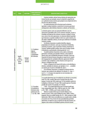 matemáticas




                                                                     cONOcimieNtOs
eJe                                          tema        sUBtema                                             ORieNtaciONes DiDácticas
                                                                      Y HaBiLiDaDes
                                                                                                Conviene también solicitar formas distintas de representar una
                                                                                           misma fracción, por ejemplo, marcar la mitad de la superficie de
                                                                                           un cuadrado de varias maneras para propiciar una comprensión de la
                                                                                           fracción más allá de la forma.
                                                                                                Las representaciones de las fracciones que los alumnos
                                                                                           aprenden a realizar tenderán a convertirse en recursos para hacer
                                                                                           anticipaciones sobre distintas relaciones o cálculos con fracciones.
                                                                                           La división aparece como una operación diferente a las tres
                                                                                           operaciones aprendidas antes con los números naturales, ya que su
                                                                                           resultado está dado por dos números (cociente y residuo) y no por
                                                                                           uno, como en las otras operaciones. Los alumnos deberán aprender
                                                                                           qué relaciones se pueden establecer entre esos cuatro números, los
                                                                                           dos dados: dividendo y divisor, y los dos que conforman el resultado:
                                                                                           cociente y residuo.
                                                                                                En distintas situaciones se podrán identificar algunas
                                                                                           propiedades de la división, como que al aumentar el dividendo,
                                                                                           aumenta el cociente, y que al aumentar el divisor, disminuye el
                                                                                           cociente. También pueden analizar cómo varía el residuo cuando
                                                                     5.2. Establecer
Sentido numérico y pensamiento algebraico




                                                                                           el dividendo va aumentando o disminuyendo de 1 en 1.
                                                                     algunas
                                                                                                Se podrán plantear situaciones en las cuales un elemento
                                                                     relaciones
                                                                                           permanece constante, por ejemplo el divisor, y otras donde el
                                                                     y propiedades
                                                                                           divisor varía, pero el dividendo permanece constante. Como una
                                             Signifi-                de la división.
                                                                                           situación de venta de huevos envasados en cajas de seis. A partir
                                             cado y      Multipli-
                                                                                           del empaquetado de cantidades diferentes aparecerán distintos
                                            uso de las   cación y
                                                                                           cocientes (cajas completas) y restos (huevos con los que no se
                                             opera-      división
                                                                                           alcanza a completar otra caja).
                                             ciones
                                                                                                O bien, se dispone de un mazo de 48 cartas y se las distribuye a
                                                                                           distintas cantidades de alumnos, por ejemplo, 2, 4, 6… y también
                                                                                           un número por el cual no es divisible 48, como 5.
                                                                                                En las distintas situaciones se trabajará la relación entre los
                                                                                           números, que conducirá más adelante a la relación: D = dxq + r
                                                                                           con 0 ≤ r  d. Aunque esta expresión no será mostrada a los
                                                                                           alumnos en este nivel.
                                                                                           Si se puede determinar que el resultado de una división se encuentra
                                                                                           entre 10 y 100, se podrá saber que el cociente tiene dos cifras,
                                                                                           porque es menor que 100 y mayor que 10. Pero también a partir de
                                                                                           multiplicar el divisor por 10 (o por 100) se podrá apreciar el tamaño
                                                                                           posible del cociente. Por ejemplo, en el cálculo:
                                                                     5.3. Encuadrar             3 100 ÷ 28 se podrá determinar que el cociente tendrá que
                                                                     el resultado de       estar comprendido entre 100 y 1 000 (en tanto 28 x 100 = 2 800
                                                                     divisiones entre      y 28 x 1 000 = 28 000) y, por lo tanto, tendrá tres cifras.
                                                                     potencias de 10:           Además se puede estimar que el cociente deberá ser un
                                                                     1, 10, 100, 1 000.    número cercano a 100, ya que la diferencia entre 2 800 y 3 100 es
                                                                                           pequeña. Para eso se podrá calcular 28 x 10 = 280 y sumarlo al 2 800
                                                                                           obteniendo 3 080. Como con la diferencia no se puede volver a dividir,
                                                                                           el cociente será 110 y el resto 20. Estos procedimientos permiten
                                                                                           determinar, en todos los casos, el número de cifras del cociente y en
                                                                                           algunos casos estimar con facilidad la primera cifra del cociente.


                                                                                                                                                              99
 