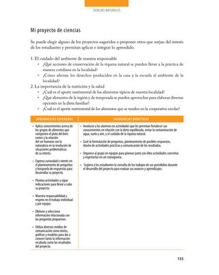 CIENCIAS NATURALES




Mi proyecto de ciencias
Se puede elegir alguno de los proyectos sugeridos o proponer otros que surjan del interés
de los estudiantes y permitan aplicar e integrar lo aprendido.

1. El cuidado del ambiente de manera responsable
    • ¿Qué acciones de conservación de la riqueza natural se pueden llevar a la práctica de
        manera cotidiana en la localidad?
    • ¿Cómo afectan los desechos producidos en la casa y la escuela al ambiente de la
        localidad?
2. La importancia de la nutrición y la salud
    • ¿Cuál es el aporte nutrimental de los alimentos típicos de nuestra localidad?
    • ¿Qué alimentos de la región y de temporada se pueden aprovechar para elaborar diversas
        opciones en la dieta familiar?
    • ¿Cuál es el aporte nutrimental de los alimentos que se venden en la cooperativa escolar?

    APRENDIzAjES ESPERADOS                                       SUgERENCIAS DIDáCTICAS
 • Aplica conocimientos acerca de     • Involucre a los alumnos en actividades que les permitan fortalecer sus
   los grupos de alimentos que          conocimientos en relación con la dieta equilibrada, evitar la contaminación de
   componen el plato del bien           agua, suelo y aire, y el cuidado de la riqueza natural.
   comer y la relación
   del ser humano con la              • Guíe la formulación de preguntas, planteamiento de posibles respuestas,
   naturaleza en la resolución de       diseño de actividades prácticas y comunicación de los resultados.
   situaciones problemáticas
   de su interés.                     • Organice al grupo en equipos para planear junto con ellos actividades concretas
                                        y registrarlas en un cronograma.
 • Expresa curiosidad e interés en
   el planteamiento de preguntas      • Sugiera a los estudiantes la consulta de los trabajos de sus portafolios durante
   y búsqueda de respuestas para        el desarrollo del proyecto para evaluar sus avances y aprendizajes.
   desarrollar su proyecto.
 • Plantea actividades y sigue
   indicaciones para llevar a cabo
   su proyecto.
 • Muestra responsabilidad y
   respeto en el trabajo individual
   y por equipo.
 • Obtiene y selecciona
   información relacionada con
   las preguntas propuestas.
 • Utiliza diversos medios de
   comunicación como textos,
   gráficos y modelos para dar a
   conocer tanto la información
   recabada como los resultados
   del proyecto.


                                                                                                                           135
 