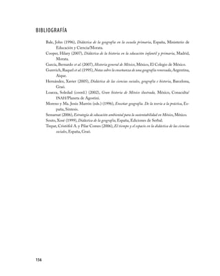 BIBLIOGRAFÍA
      Bale, John (1996), Didáctica de la geografía en la escuela primaria, España, Ministerio de
             Educación y Ciencia/Morata.
      Cooper, Hilary (2007), Didáctica de la historia en la educación infantil y primaria, Madrid,
             Morata.
      García, Bernardo et al. (2007), Historia general de México, México, El Colegio de México.
      Gurevich, Raquel et al. (1995), Notas sobre la enseñanza de una geografía renovada, Argentina,
             Aique.
      Hernández, Xavier (2005), Didáctica de las ciencias sociales, geografía e historia, Barcelona,
             Graó.
      Loaeza, Soledad (coord.) (2002), Gran historia de México ilustrada, México, Conaculta/
             INAH/Planeta de Agostini.
      Moreno y Ma. Jesús Marrón (eds.) (1996), Enseñar geografía. De la teoría a la práctica, Es-
             paña, Síntesis.
      Semarnat (2006), Estrategia de educación ambiental para la sustentabilidad en México, México.
      Souto, Xosé (1999), Didáctica de la geografía, España, Ediciones de Serbal.
      Trepat, Cristófol A. y Pilar Comes (2006), El tiempo y el espacio en la didáctica de las ciencias
             sociales, España, Graó.




156
 