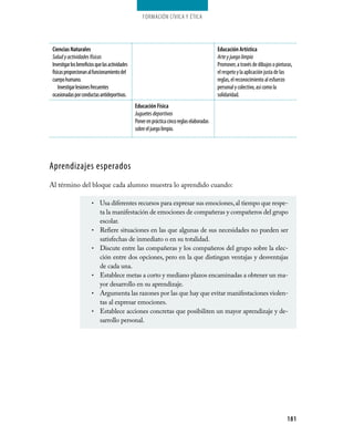 Formación cívica y Ética




 Ciencias Naturales                                                                          educación Artística
 Salud y actividades físicas                                                                 Arte y juego limpio
 Investigar los beneficios que las actividades                                               Promover, a través de dibujos o pinturas,
 físicas proporcionan al funcionamiento del                                                  el respeto y la aplicación justa de las
 cuerpo humano.                                                                              reglas, el reconocimiento al esfuerzo
     Investigar lesiones frecuentes                                                          personal y colectivo, así como la
 ocasionadas por conductas antideportivas.                                                   solidaridad.
                                                 educación Física
                                                 Juguetes deportivos
                                                 Poner en práctica cinco reglas elaboradas
                                                 sobre el juego limpio.




Aprendizajes esperados
Al término del bloque cada alumno muestra lo aprendido cuando:

                        •    Usa diferentes recursos para expresar sus emociones, al tiempo que respe­
                             ta la manifestación de emociones de compañeras y compañeros del grupo
                             escolar.
                        •    Refiere situaciones en las que algunas de sus necesidades no pueden ser
                             satisfechas de inmediato o en su totalidad.
                        •    Discute entre las compañeras y los compañeros del grupo sobre la elec­
                             ción entre dos opciones, pero en la que distingan ventajas y desventajas
                             de cada una.
                        •    Establece metas a corto y mediano plazos encaminadas a obtener un ma­
                             yor desarrollo en su aprendizaje.
                        •    Argumenta las razones por las que hay que evitar manifestaciones violen­
                             tas al expresar emociones.
                        •    Establece acciones concretas que posibiliten un mayor aprendizaje y de­
                             sarrollo personal.




                                                                                                                                   181
 