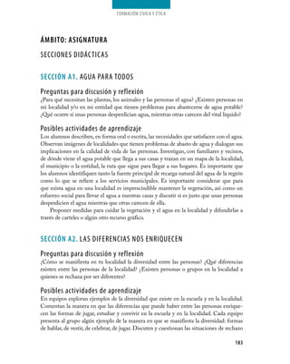 Formación cívica y Ética




áMBITO: AsIGNATuRA
SECCIONES DIDÁCTICAS

seCCIÓN A1. AGUA PARA TODOS
Preguntas para discusión y reflexión
¿Para qué necesitan las plantas, los animales y las personas el agua? ¿Existen personas en
mi localidad y/o en mi entidad que tienen problemas para abastecerse de agua potable?
¿Qué ocurre si unas personas desperdician agua, mientras otras carecen del vital líquido?

Posibles actividades de aprendizaje
Los alumnos describen, en forma oral o escrita, las necesidades que satisfacen con el agua.
Observan imágenes de localidades que tienen problemas de abasto de agua y dialogan sus
implicaciones en la calidad de vida de las personas. Investigan, con familiares y vecinos,
de dónde viene el agua potable que llega a sus casas y trazan en un mapa de la localidad,
el municipio o la entidad, la ruta que sigue para llegar a sus hogares. Es importante que
los alumnos identifiquen tanto la fuente principal de recarga natural del agua de la región
como lo que se refiere a los servicios municipales. Es importante considerar que para
que exista agua en una localidad es imprescindible mantener la vegetación, así como un
esfuerzo social para llevar el agua a nuestras casas y discutir si es justo que unas personas
desperdicien el agua mientras que otras carecen de ella.
     Proponer medidas para cuidar la vegetación y el agua en la localidad y difundirlas a
través de carteles o algún otro recurso gráfico.


seCCIÓN A2. LAS DIFERENCIAS NOS ENRIQUECEN
Preguntas para discusión y reflexión
¿Cómo se manifiesta en tu localidad la diversidad entre las personas? ¿Qué diferencias
existen entre las personas de la localidad? ¿Existen personas o grupos en la localidad a
quienes se rechaza por ser diferentes?

Posibles actividades de aprendizaje
En equipos exploran ejemplos de la diversidad que existe en la escuela y en la localidad.
Comentan la manera en que las diferencias que puede haber entre las personas enrique­
cen las formas de jugar, estudiar y convivir en la escuela y en la localidad. Cada equipo
presenta al grupo algún ejemplo de la manera en que se manifiesta la diversidad: formas
de hablar, de vestir, de celebrar, de jugar. Discuten y cuestionan las situaciones de rechazo

                                                                                         183
 