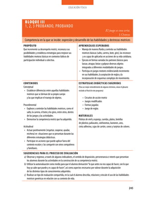 educación física




 BLOQUE III
 1, 2, 3 PROBANDO, PROBANDO
                                                                                                        El juego es cosa seria.
                                                                                                                         J. Chateau

 Competencia en la que se incide: expresión y desarrollo de las habilidades y destrezas motrices
PROPóSITO                                                         APRENDIzA jES ESPERADOS
Que incremente su desempeño motriz, reconozca sus                 • Maneja de manera fluida y controla sus habilidades
posibilidades y establezca estrategias para mejorar sus             motrices básicas (salto, carrera, bote, giro), las reconoce
habilidades motoras básicas en contextos lúdicos de                  y es capaz de aplicarlas en acciones de su vida cotidiana.
participación individual o colectiva.                             • Ejecuta en formas variadas los patrones básicos para
                                                                    lanzar, atrapar, botar y golpear diversos objetos
                                                                    integrados a diferentes modalidades de juegos.
                                                                  • Participa en juegos motores evidenciando incremento
                                                                    en sus habilidades, la aceptación de reglas y la
                                                                    incorporación de esquemas complejos de movimiento.
CONTENIDOS                                                        ESTRATEgIAS DIDáCTICAS SUgERIDAS
Conceptual                                                        (Para un mejor entendimiento de algunos términos, véase el glosario
 • Establecer diferencias entre aquellas habilidades              incluido al final de este programa)
   motrices que se derivan de su propio cuerpo
   y las que implican el manejo de objetos.                            •   Circuitos de acción motriz
                                                                       •   Juegos modificados
Procedimental                                                          •   Formas jugadas
 • Explorar y controlar las habilidades motrices, como el              •   Juego de reglas
    salto, la carrera, el bote y los giros, entre otros, dentro
    de los juegos y las actividades.                              MATERIALES
 • Demostrar la competencia motriz que ha adquirido.              Pelotas de vinil y esponja, cuerdas, platos, botellas
                                                                  de plástico, paliacates, colchonetas, bastones, aros,
Actitudinal                                                       cinta adhesiva, cajas de cartón, conos y tarjetas de colores.
 • Actuar positivamente (respetar, cooperar, ayudar,
    etcétera) en situaciones que se presentan durante las
    diferentes estrategias didácticas.
 • Participar en acciones que puede aplicar fuera del
    contexto escolar y las comparte con otros compañeros
    y familiares.
SUgERENCIAS PARA EL PROCESO DE EVALUACIóN
 a) Observar y registrar, a través de algunos indicadores, el sentido de disposición, perseverancia e interés que presentan
    los alumnos durante las actividades en la construcción de su competencia motriz.
 b) Utilizar la autoevaluación como medio para que el alumno demuestre “lo que antes no era capaz de hacer, con lo que
    hoy ya sabe que puede y es capaz de hacer”, así como aspectos necesarios por valorar durante la adquisición
    de los distintos tipos de conocimientos adquiridos.
 c) Realizar un tipo de evaluación compartida, en la cual el alumno describa, relacione y vincule el uso de las habilidades
    motrices genéricas en relación con su contexto de vida.


                                                                                                                                        245
 