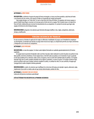 educación física




ACTIVIDAD 3. NIñO TORRE

DESCRIPCIóN: se delimita el espacio de juego de forma rectangular, se marca una línea paralela a cada línea de fondo
a una distancia de tres metros, este espacio no debe ser traspasado por ningún participante.
    Cada equipo designa a un “niño torre”, el cual se sitúa fuera de la línea de fondo. Los jugadores del mismo equipo se
pasan el balón hasta llegar a encestar en el aro que porta el niño torre de su equipo. Éste se podrá mover a lo largo de la
línea de fondo colaborando para encestar los lanzamientos de sus compañeros. Se cuentan lo encestes que logra cada
equipo al término de cierto tiempo de juego.

OBSERVACIONES: preguntar a los alumnos qué elemento del juego modificar: área, reglas, compañeros, adversario,
tiempo y modificación.

                                    TERCERA SECUENCIA DE TRABA jO
En esta secuencia se fortalece la aplicación de reglas en diferentes modalidades de juegos con la finalidad de complejizar
sus desempeños, al entender que durante un juego existe más de una regla y su comprensión permite una mejor convivencia
e integración con el resto de sus compañeros.
ACTIVIDAD 1. BEIS PATEADO

DESCRIPCIóN: se crean dos equipos. Se sitúan cuatro objetos formando un cuadrado aproximadamente de 20 metros
cuadrados.
     Un equipo toma la posición de bateador sobre una línea marcada, todos realizarán la acción de patear una pelota lo más
lejos posible y de forma simultánea. El otro equipo lanza a nivel del suelo una pelota y en el momento en que es pateada
lo más lejos posible por los contrarios, todos corren a recuperar y traer al centro del cuadrado todas las pelotas. Si el equipo
bateador logra dar la vuelta completa alrededor de los objetos (cuadrado), se anota un punto. Si el equipo recolector logra
juntar las pelotas antes que el equipo contrario complete la vuelta, se cambian los roles. En caso contrario, el equipo que
consiguió dar la vuelta completa continúa pateando.

OBSERVACIONES: se pide a los alumnos que modifiquen las estructuras del juego, por ejemplo: espacio, adversario, regla,
implemento. Esta acción se realiza cada vez que existan determinados cambios de roles.
ACTIVIDAD 2. jUgANDO CON LOS jUEgOS
(valoración del proceso enseñanza-aprendizaje)

ESTA ACTIVIDAD fUE DESCRITA EN LA PRIMERA SECUENCIA




                                                                                                                              253
 