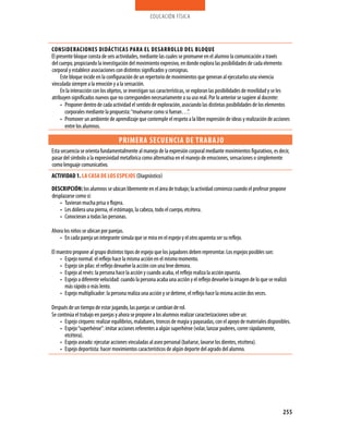 educación física




CONSIDERACIONES DIDáCTICAS PARA EL DESARROLLO DEL BLOQUE
El presente bloque consta de seis actividades, mediante las cuales se promueve en el alumno la comunicación a través
del cuerpo, propiciando la investigación del movimiento expresivo, en donde explora las posibilidades de cada elemento
corporal y establece asociaciones con distintos significados y consignas.
     Este bloque incide en la configuración de un repertorio de movimientos que generan al ejecutarlos una vivencia
vinculada siempre a la emoción y a la sensación.
     En la interacción con los objetos, se investigan sus características, se exploran las posibilidades de movilidad y se les
atribuyen significados nuevos que no corresponden necesariamente a su uso real. Por lo anterior se sugiere al docente:
     • Proponer dentro de cada actividad el sentido de exploración, asociando las distintas posibilidades de los elementos
       corporales mediante la propuesta: “muévanse como si fueran…”.
     • Promover un ambiente de aprendizaje que contemple el respeto a la libre expresión de ideas y realización de acciones
       entre los alumnos.

                                   PRIMERA SECUENCIA DE TRABA jO
Esta secuencia se orienta fundamentalmente al manejo de la expresión corporal mediante movimientos figurativos, es decir,
pasar del símbolo a la expresividad metafórica como alternativa en el manejo de emociones, sensaciones o simplemente
como lenguaje comunicativo.
ACTIVIDAD 1. LA CASA DE LOS ESPEjOS (Diagnóstico)

DESCRIPCIóN: los alumnos se ubican libremente en el área de trabajo; la actividad comienza cuando el profesor propone
desplazarse como si:
    • Tuvieran mucha prisa o flojera.
    • Les doliera una pierna, el estómago, la cabeza, todo el cuerpo, etcétera.
    • Conocieran a todas las personas.

Ahora los niños se ubican por parejas.
    • En cada pareja un integrante simula que se mira en el espejo y el otro aparenta ser su reflejo.

El maestro propone al grupo distintos tipos de espejo que los jugadores deben representar. Los espejos posibles son:
    • Espejo normal: el reflejo hace la misma acción en el mismo momento.
    • Espejo sin pilas: el reflejo devuelve la acción con una leve demora.
    • Espejo al revés: la persona hace la acción y cuando acaba, el reflejo realiza la acción opuesta.
    • Espejo a diferente velocidad: cuando la persona acaba una acción y el reflejo devuelve la imagen de lo que se realizó
      más rápido o más lento.
    • Espejo multiplicador: la persona realiza una acción y se detiene, el reflejo hace la misma acción dos veces.

Después de un tiempo de estar jugando, las parejas se cambian de rol.
Se continúa el trabajo en parejas y ahora se propone a los alumnos realizar caracterizaciones sobre un:
    • Espejo cirquero: realizar equilibrios, malabares, troncos de magia y payasadas, con el apoyo de materiales disponibles.
    • Espejo “superhéroe”: imitar acciones referentes a algún superhéroe (volar, lanzar poderes, correr rápidamente,
      etcétera).
    • Espejo aseado: ejecutar acciones vinculadas al aseo personal (bañarse, lavarse los dientes, etcétera).
    • Espejo deportista: hacer movimientos característicos de algún deporte del agrado del alumno.




                                                                                                                          255
 