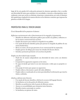 ESPAÑOL




largo de los seis grados de la educación primaria los alumnos aprendan a leer y escribir
una diversidad de textos para satisfacer sus necesidades e intereses, a desempeñarse tanto
oralmente como por escrito en distintas situaciones comunicativas, así como el dominio
del español para emplearlo de manera efectiva en los distintos contextos que imponen las
prácticas sociales de la lengua.




PROPÓSITOS PARA EL TERCER GRADO
Con el desarrollo de los proyectos el alumno:

Reflexiona consistentemente sobre el funcionamiento de la ortografía y la puntuación:
    • Identifica las diferentes alternativas gráficas para escribir una palabra y reflexiona so­
       bre la manera convencional de la escritura.
    • Emplea diccionarios para verificar la ortografía de una palabra.
    • Con ayuda del docente identifica pistas para precisar la ortografía de palabras de una
       misma familia léxica.
    • Revisa sus textos a fin de que presenten el uso convencional de las mayúsculas.
    • Emplea guiones de diálogo para marcar las entradas del discurso directo.
    • Introduce puntuación pertinente en la escritura de párrafos.


Emplea una diversidad de tipos textuales:
   • Puede leer de manera independiente una diversidad de textos cortos con distintos
      propósitos.
   • Comprende los argumentos expuestos en los textos.
   • Es capaz de decidir qué textos le son más interesantes o útiles para un propósito es­
      pecífico.
   • Cita pasajes de textos para apoyar sus argumentos.
   • Emplea índices y diccionarios a partir del orden alfabético.
   • Emplea índices y encabezados de un texto para identificar la información que trata los
      títulos y subtítulos.

Analiza y disfruta textos literarios:
   • Con ayuda del docente identifica y disfruta los recursos del lenguaje literario.
   • Se familiariza con la obra poética de diferentes autores.
   • Identifica sus preferencias sobre la poesía de diferentes autores.
   • Avanza en sus posibilidades para interpretar textos literarios.
   • Identifica tramas y personajes en cuentos.
   • Se familiariza con guiones de teatro.


                                                                                             25
 