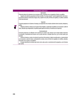 OrIENtACIONEs DIDÁCtICAs
                                                           Apreciación
      El docente ubicará a los alumnos en un escenario: solos, en relación con un compañero y frente a un público.
           Sugerirá a los alumnos que piensen en frases sencillas (“no estoy cansado”, “camino rápidamente”, entre otras).
      En el aula los alumnos caminan de un lugar a otro, y repiten en voz alta, de frente, de espaldas, en cuclillas o saltando
      la frase que pensaron.

                                                             Expresión
      El maestro propiciará en el alumno el manejo y la comprensión de la relación existente entre escenario, intérprete y
      público.
           Motivará al alumno a ilustrar con el cuerpo la frase elegida y a expresarla sin palabras en el escenario o salón de
      clases. (Resulta muy enriquecedor si el profesor puede aportar una frase y él comienza con el ejercicio.)

                                                       Contextualización
      El maestro propiciará a la reflexión con los alumnos en cuanto a que, ilustrar con el cuerpo implica relacionar
      el acomodo y movimiento del mismo con la acción descrita o contada (hizo frío y yo no tenía suéter, por
      ejemplo).
           Invitará al alumno a contar a los demás lo que hizo el día anterior o algún recuerdo grato, y a representarlo
      en el escenario o salón de clases: caminando de un lado a otro, de frente, de espaldas, en cuclillas, saltando,
      ilustrando con el cuerpo o sin palabras.
           El grupo identificará la relación que existe entre cada acción o movimiento del compañero, con la historia
      que cuenta.




288
 