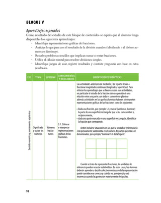 BLOQUE V
Aprendizajes esperados
Como resultado del estudio de este bloque de contenidos se espera que el alumno tenga
disponibles los siguientes aprendizajes:
    • Identifique representaciones gráficas de fracciones.
    • Anticipe lo que pasa con el resultado de la división cuando el dividendo o el divisor au­
       menta o disminuye.
    • Resuelva problemas sencillos que implican sumar o restar fracciones.
    • Utilice el cálculo mental para resolver divisiones simples.
    • Identifique juegos de azar, registre resultados y conteste preguntas con base en estos
       resultados.

                                                                        cONOcimieNtOs
 eJe                                           tema         sUBtema                                          ORieNtaciONes DiDácticas
                                                                         Y HaBiLiDaDes
                                                                                           Las actividades anteriores de medición y de reparto llevan a
                                                                                           fraccionar magnitudes continuas (longitudes, superficies). Para
                                                                                           reforzar los aprendizajes que se favorecen con esas actividades,
                                                                                           en particular el estudio de la fracción como expresión de una
                                                                                           relación entre una parte y un todo es conveniente plantear
                                                                                           además actividades en las que los alumnos elaboren o interpreten
                                                                                           representaciones gráficas de las fracciones como las siguientes:

                                                                                           • Dada una fracción, por ejemplo 1/4, marcar (sombrear, iluminar)
                                                                                             la parte de una superficie rectangular que se da como unidad o,
 Sentido numérico y pensamiento algebraico




                                                                                             recíprocamente,
                                                                                           • dada una parte marcada en una superficie rectangular, identificar
                                                                                             la fracción que corresponde.
                                                                        5.1. Elaborar
                                             Significado    Números     e interpretar          Deben incluirse situaciones en las que la unidad de referencia no
                                             y uso de los    fraccio-   representaciones   está previamente subdividida en el número de partes que indica el
                                              números         narios    gráficas de las    denominador, por ejemplo, “iluminar 1/4 de la figura”:
                                                                        fracciones.




                                                                                               Cuando se trata de representar fracciones, las unidades de
                                                                                           referencia pueden no estar subdivididas. En estos casos, los alumnos
                                                                                           deberán aprender a decidir colectivamente cuándo la representación
                                                                                           puede considerarse correcta y cuándo no; por ejemplo, será
                                                                                           incorrecta cuando las partes son notoriamente desiguales.




98
 