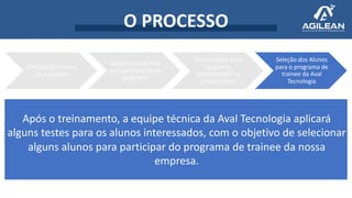 O PROCESSO
Divulgação interna
do programa
Seleção dos alunos
que participarão do
programa
Treinamento para
os alunos
selecionados na
primeira fase
Seleção dos Alunos
para o programa de
trainee da Aval
Tecnologia
Após o treinamento, a equipe técnica da Aval Tecnologia aplicará
alguns testes para os alunos interessados, com o objetivo de selecionar
alguns alunos para participar do programa de trainee da nossa
empresa.
 