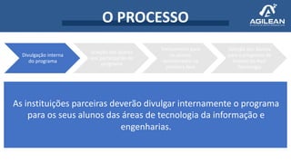 O PROCESSO
Divulgação interna
do programa
Seleção dos alunos
que participarão do
programa
Treinamento para
os alunos
selecionados na
primeira fase
Seleção dos Alunos
para o programa de
trainee da Aval
Tecnologia
As instituições parceiras deverão divulgar internamente o programa
para os seus alunos das áreas de tecnologia da informação e
engenharias.
 