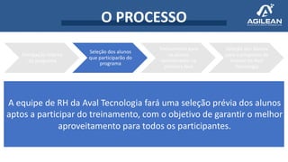 O PROCESSO
Divulgação interna
do programa
Seleção dos alunos
que participarão do
programa
Treinamento para
os alunos
selecionados na
primeira fase
Seleção dos Alunos
para o programa de
trainee da Aval
Tecnologia
A equipe de RH da Aval Tecnologia fará uma seleção prévia dos alunos
aptos a participar do treinamento, com o objetivo de garantir o melhor
aproveitamento para todos os participantes.
 