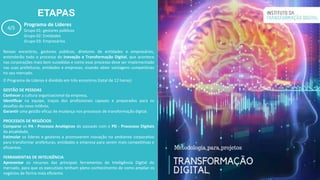 ETAPAS
4/5
Programa de Líderes
Grupo 01: gestores públicos
Grupo 02: Entidades
Grupo 03: Empresários
Nesses encontros, gestores públicos, diretores de entidades e empresários,
entenderão todo o processo de Inovação e Transformação Digital, que acontece
nas corporações mais bem sucedidas e como esse processo deve ser implementado
nas suas prefeituras, entidades e empresas, visando obter vantagens competitivas
no seu mercado.
O Programa de Líderes é dividido em três encontros (total de 12 horas):
GESTÃO DE PESSOAS
Conhecer a cultura organizacional da empresa,
Identificar na equipe, traços dos profissionais capazes e preparados para os
desafios do novo milênio,
Garantir uma gestão eficaz de mudança nos processos de transformação digital.
PROCESSOS DE NEGÓCIOS
Comparar os PA - Processo Analógicos do passado com o PD - Processos Digitais
da atualidade,
Estimular os líderes e gestores a promoverem Inovação no ambiente corporativo
para transformar prefeituras, entidades e empresa para serem mais competitivas e
eficientes.
FERRAMENTAS DE INTELIGÊNCIA
Apresentar os recursos das principais ferramentas de Inteligência Digital do
mercado, para que os executivos tenham pleno conhecimento de como ampliar os
negócios de forma mais eficiente.
 