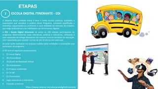 ETAPAS
ESCOLA DIGITAL ITINERANTE - EDI
O objetivo dessa unidade móvel é levar a todas escolas públicas, entidades e
associações que atendem o público desse Programa, conteúdo qualificado e
interativo, capacitando-os a enfrentar a nova realidade do mercado de trabalho,
que exige profissionais com habilidades em ferramentas digitais.
A EDI – Escola Digital Itinerante irá visitar as 100 cidades participantes do
programa, desenvolvendo aulas educativas, práticas e interativas, utilizando a
mais avançada tecnologia disponível nos maiores centros mundiais de educação,
com capacidade para atender turmas de até 20 alunos em cada aula.
As aulas serão realizadas nos espaços cedidos pelas entidades e associações que
participam do programa.
A EDI terá os seguintes equipamentos:
1. 01 Lousa Digital
2. 20 ChromeBook
3. 20 Óculos de Realidade Virtual
4. 20 smartphones
5. 01 Projetor multimídia
6. 01 TV 50”
7. 01 ChromeCast
8. Jogos educativos e interativos
9. Conexão a internet
7
https://www.catarse.me/educacaodigitalitinerante
 