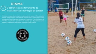 ETAPAS
O ESPORTE como ferramenta de
inclusão social e formação do caráter
Em todas as etapas descritas acima, os jovens terão acesso a Oficinas e aulas
práticas sobre o Esporte como meio de inclusão social e formação do caráter
pessoal e profissional, através do convênio firmado com o Circuito Gaúcho de
Futevôlei e academias apoiadoras do projeto, que disponibilizam seus
espaços e professores, para realizar as oficinas e aulas práticas.
7.5
 