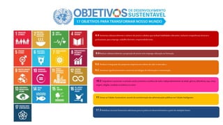4.4 Aumentarsubstancialmente o número dejovens eadultos que tenham habilidadesrelevantes, inclusivecompetências técnicase
profissionais,paraemprego, trabalho decente e empreendedorismo.
10.2 Empoderare promovera inclusãosocial,econômica epolítica detodos, independentemente da idade, gênero, deficiência,raça, etnia,
origem,religião,condição econômica ou outra
8.6Reduzir substancialmenteaproporção de jovens sem emprego, educação ou formação
17.3Mobilizarrecursos financeirosadicionaispara ospaísesem desenvolvimentoa partirde múltiplasfontes
9.6 Realizara integração daspequenas empresasemcadeias devalor emercado e,
9.CAumentarsignificativamenteoacesso àstecnologiasde informaçãoe comunicação.
11Tornaras Cidades Sustentáveis,atravésda transformaçãodasadministraçõespúblicasemCidades Inteligentes
 