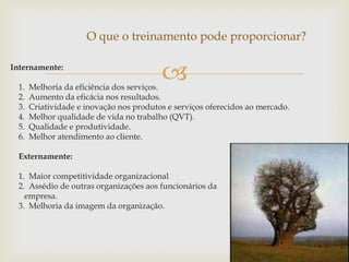 O que o treinamento pode proporcionar?

Internamente:

  1.
                                          
       Melhoria da eficiência dos serviços.
  2.   Aumento da eficácia nos resultados.
  3.   Criatividade e inovação nos produtos e serviços oferecidos ao mercado.
  4.   Melhor qualidade de vida no trabalho (QVT).
  5.   Qualidade e produtividade.
  6.   Melhor atendimento ao cliente.

  Externamente:

  1. Maior competitividade organizacional
  2. Assédio de outras organizações aos funcionários da
    empresa.
  3. Melhoria da imagem da organização.
 