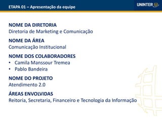 ETAPA 01 – Apresentação da equipe
NOME DA DIRETORIA
Diretoria de Marketing e Comunicação
NOME DA ÁREA
Comunicação Institucional
NOME DOS COLABORADORES
• Camila Manssour Tremea
• Pablo Bandeira
NOME DO PROJETO
Atendimento 2.0
ÁREAS ENVOLVIDAS
Reitoria, Secretaria, Financeiro e Tecnologia da Informação
 