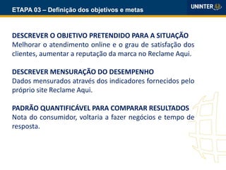 ETAPA 03 – Definição dos objetivos e metas
DESCREVER O OBJETIVO PRETENDIDO PARA A SITUAÇÃO
Melhorar o atendimento online e o grau de satisfação dos
clientes, aumentar a reputação da marca no Reclame Aqui.
DESCREVER MENSURAÇÃO DO DESEMPENHO
Dados mensurados através dos indicadores fornecidos pelo
próprio site Reclame Aqui.
PADRÃO QUANTIFICÁVEL PARA COMPARAR RESULTADOS
Nota do consumidor, voltaria a fazer negócios e tempo de
resposta.
 