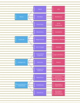 Físicos
Salud Alta
fortaleza Resistencia
Edad-Sexo
25-35
Indiferente
Carácter
Dinamismo Constante
Negociación Empática y flexible
Auto Imagen Madurez
Inteligencia
Capacidad
Cognitiva
Lógica/Sintética
Memoria Buena
Inteligencia
especial
Verbal/Espacial
Conocimientos y
habilidades
Específicos
Conocimiento del
producto y
Experiencia en tipo
de cliente
Habilidades
Persuasión y
negociación
Genéricos
Estrategias,
Técnicas y
metodologías
 