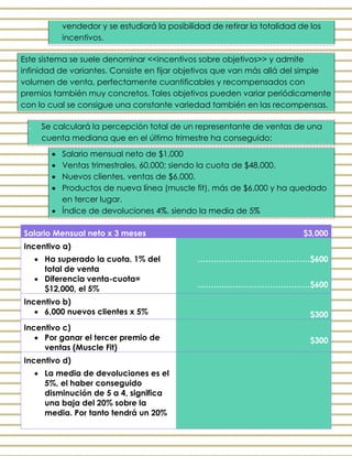 vendedor y se estudiará la posibilidad de retirar la totalidad de los
incentivos.
Este sistema se suele denominar <<incentivos sobre objetivos>> y admite
infinidad de variantes. Consiste en fijar objetivos que van más allá del simple
volumen de venta, perfectamente cuantificables y recompensados con
premios también muy concretos. Tales objetivos pueden variar periódicamente
con lo cual se consigue una constante variedad también en las recompensas.
III. Se calculará la percepción total de un representante de ventas de una
cuenta mediana que en el último trimestre ha conseguido:
 Salario mensual neto de $1,000
 Ventas trimestrales, 60,000; siendo la cuota de $48,000.
 Nuevos clientes, ventas de $6,000.
 Productos de nueva línea (muscle fit), más de $6,000 y ha quedado
en tercer lugar.
 Índice de devoluciones 4%, siendo la media de 5%
Salario Mensual neto x 3 meses $3,000
Incentivo a)
 Ha superado la cuota. 1% del
total de venta
 Diferencia venta-cuota=
$12,000, el 5%
……………………………………$600
……………………………………$600
Incentivo b)
 6,000 nuevos clientes x 5% $300
Incentivo c)
 Por ganar el tercer premio de
ventas (Muscle Fit)
$300
Incentivo d)
 La media de devoluciones es el
5%, el haber conseguido
disminución de 5 a 4, significa
una baja del 20% sobre la
media. Por tanto tendrá un 20%
 