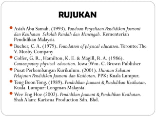 RUJUKAN
AsiahAbu Samah. (1993). Panduan Penyeliaan Pendidikan Jasmani
dan Kesihatan Sekolah Rendah dan Menengah. Kementerian
Pendidikan Malaysia
Bucher, C.A. (1979). Foundation of physical education.Toronto:The
V. Mosby Company
Colfer, G. R., Hamilton, K. E.  Magill, R.A. (1986).
Contemporary physical education. Iowa:Wm. C. Brown Publisher
Pusat Perkembangan Kurikulum. (2001). Huraian Sukatan
Pelajaran Pendidikan Jasmani dan Kesihatan. PPK: Kuala Lumpur.
Teng BoonTong. (1989). Pendidikan Jasmani  Pendidikan Kesihatan.
Kuala Lumpur: Longman Malaysia.
Wee Eng Hoe (2002). Pendidikan Jasmani  Pendidikan Kesihatan.
ShahAlam: Karisma Production Sdn. Bhd.
 