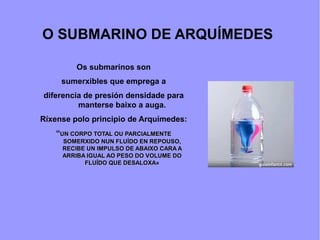 O SUBMARINO DE ARQUÍMEDES
Os submarinos son
sumerxibles que emprega a
diferencia de presión densidade para
manterse baixo a auga.
Ríxense polo principio de Arquímedes:
“UN CORPO TOTAL OU PARCIALMENTEUN CORPO TOTAL OU PARCIALMENTE
SOMERXIDO NUN FLUÍDO EN REPOUSO,SOMERXIDO NUN FLUÍDO EN REPOUSO,
RECIBE UN IMPULSO DE ABAIXO CARA ARECIBE UN IMPULSO DE ABAIXO CARA A
ARRIBA IGUAL AO PESO DO VOLUME DOARRIBA IGUAL AO PESO DO VOLUME DO
FLUÍDO QUE DESALOXA»FLUÍDO QUE DESALOXA»
 